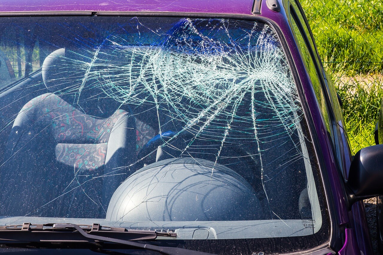 Car with badly damaged windshield