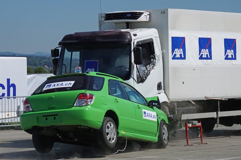 A head-on collision between a car and a truck