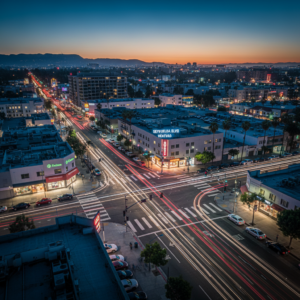 Overhead shot of a busy Los Angeles intersection at twilight or night